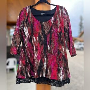 Clientele Lace Overlay Top Red Black Abstract Print 3/4 Sleeve Flowy Blouse